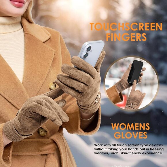 Women's Beige Winter Cold Weather Windproof Thermal Fleece Cuff Lined Gloves - Picture 3 of 7